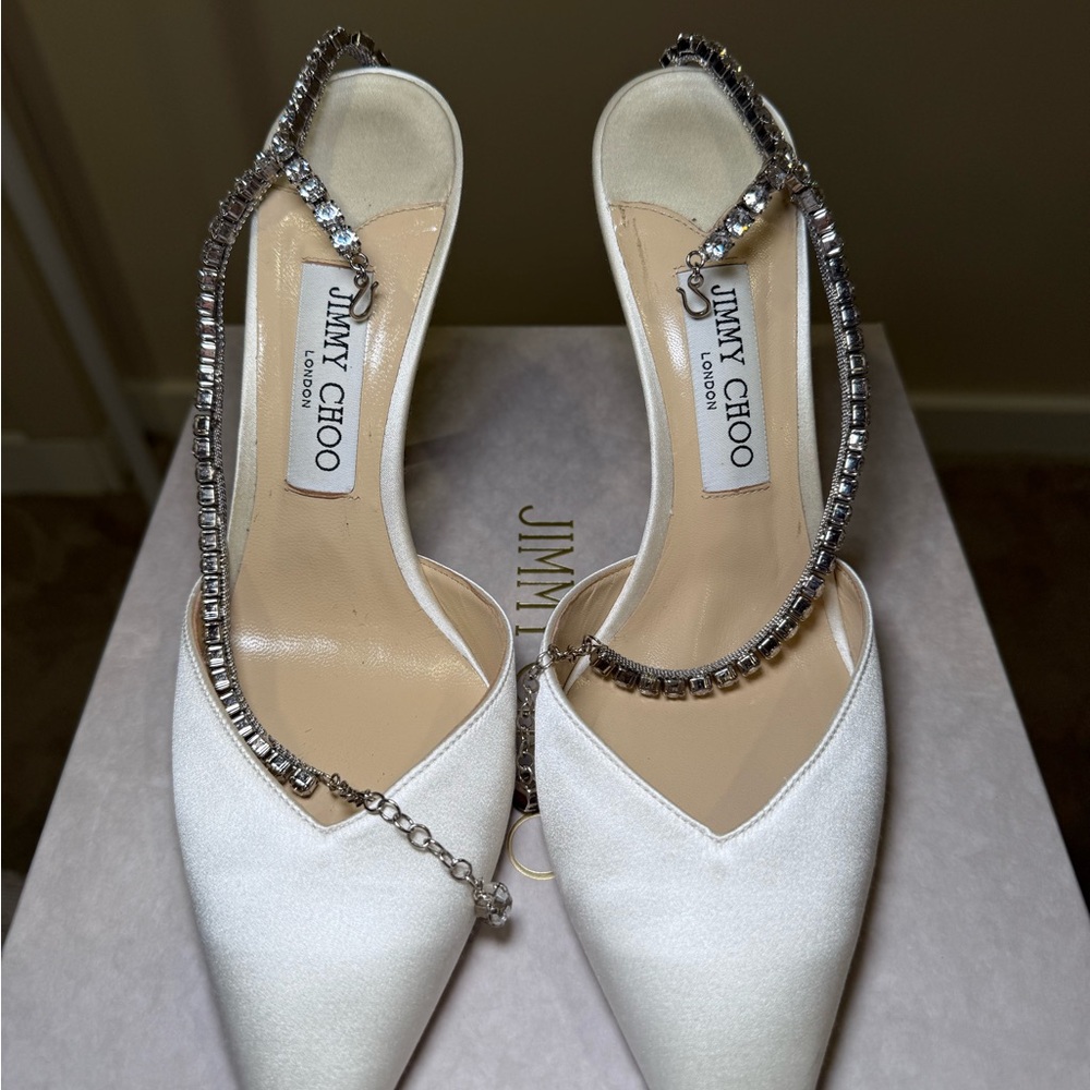 Jimmy Choo BRIDAL White Satin Crystal-Trim Slingback Pumps - Picture 7 of 16